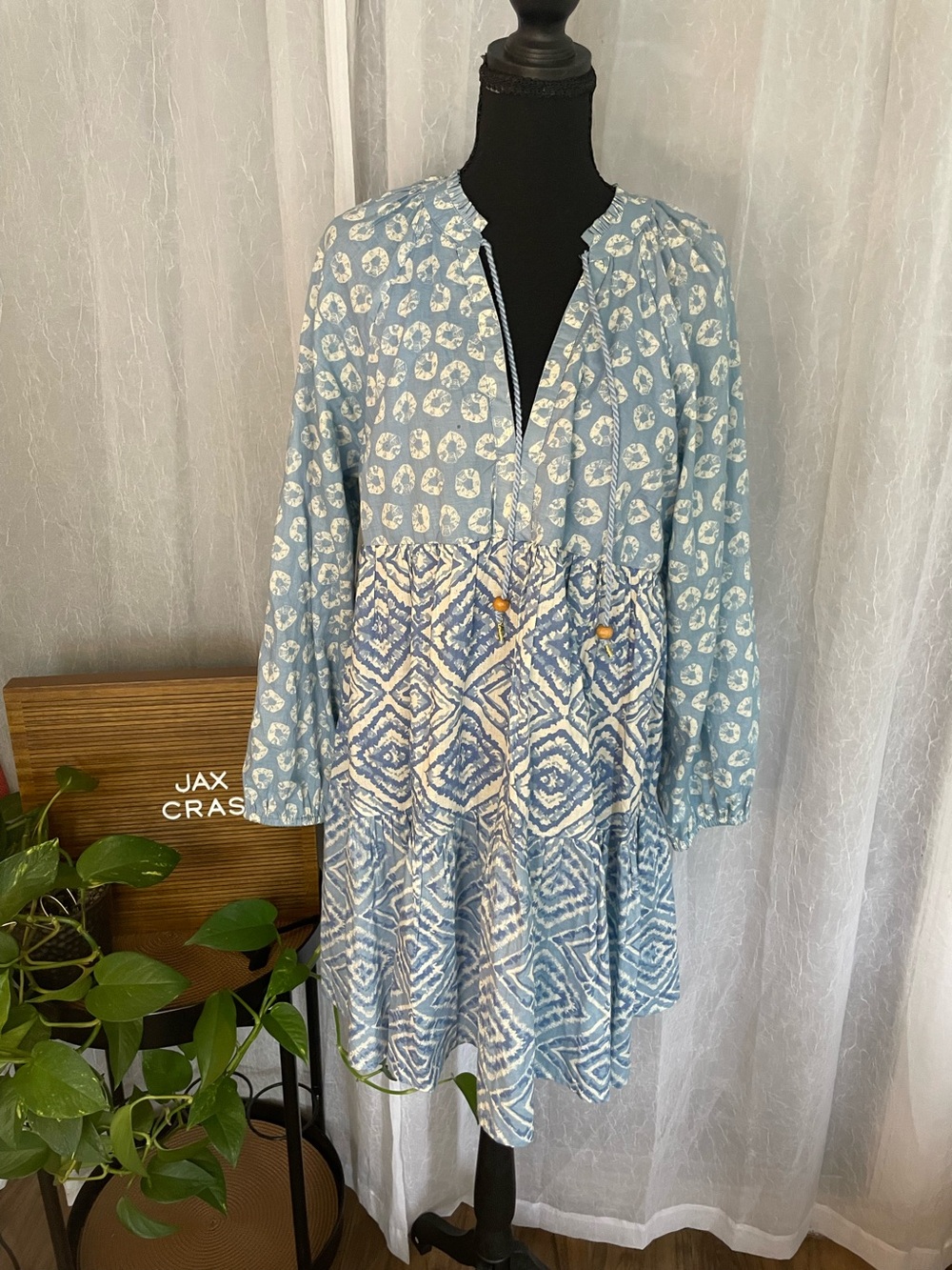 Jessica Simpson Light Blue Printed Long-Sleeve Tiered Dress